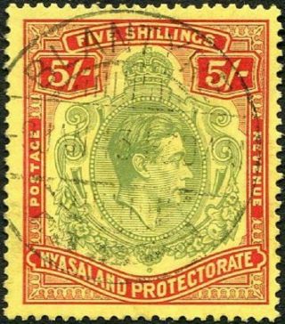 Nyasaland 1938 Kgvi 5/ - Pale Green & Red On Yellow Paper Sg.  141 Cat:£35
