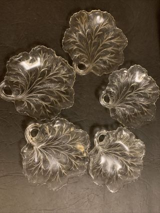 5 Vintage Indiana Glass Clear Pebble Leaf/crystal Leaf 6” Dishes