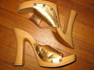 Vtg 70s 80s Gold Metallic Leather Candies Disco Platform Mule Shoes Heels 6.  5
