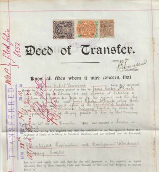 1903 Rhodesia Deed Of Transfer With £1,  5/ - & 3/ - Arms Revenues.