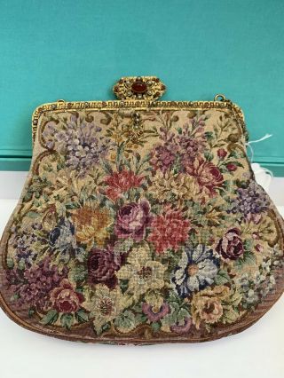 Vintage Needlepoint Evening Bag Floral Tapestry Look Purse Gold Chain Handle