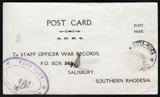 Nyasaland 1923 War Records Post Card Kota Kota To S.  Rhodesia.  Scarce.  A764