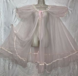 Vtg L Xl Pink Full Sheer Chiffon Babydoll Peignoir Robe For Nightgown White Lace