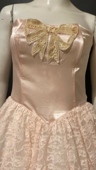 Vtg 80s Gunne Sax Dress Pink Lace Strapless Romantic Tea Length Sequin Bow 9 34b