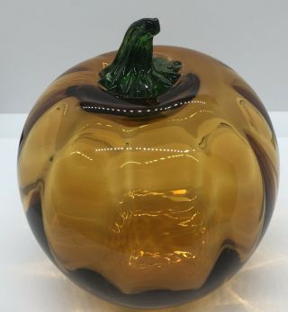 Vintage Blenko Handblown Art Glass Amber Glass Pumpkin Green Stem 5 " Tall Decor