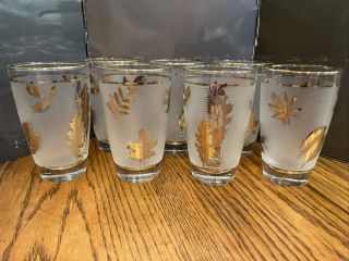 7 Vintage 1950’s Libby Frosted Gold Leaf Tea/water Glasses With Gold Rim 10oz