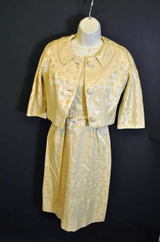Vintage 50s 60s Leslie Fay Wiggle Day Dress,  Short Jacket Yellow Brocade S M