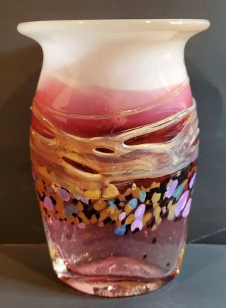 Hand Blown Art Glass Vase,  Signed By Artist,  Cranberry To Pink,  Tutti - Fruitti