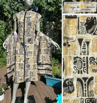 Great Vintage 1950s Maya De Mexico Hand - Printed Dress & Shawl/ Wrap - Aztec Motif