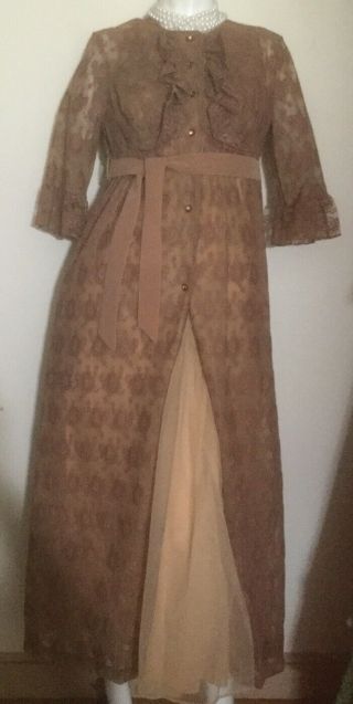 Vtg 50 - 60s Lisette 2 Pc Set Peignoir Ochre Apricot Lacy Nylon Empire Robe & Gown