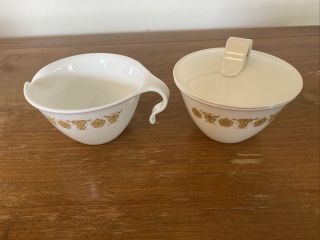 Vintage Pyrex Corning Corelle Butterfly Gold Sugar And Creamer Set With Lid