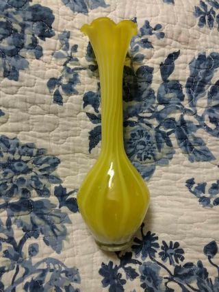 Vintage Norleans Blown Glass Bud Vase Bright Yellow And Opaque White Striped