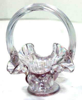Fenton Art Glass Irridescent Pink Glassware Basket Rippled Design 5 1/2 "