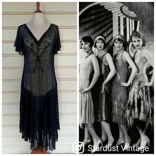 Exquisite Vintage Late 20s French Blk Crepe Chiffon Silk Lace Flapper Dress Wow✨