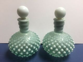 2 Vintage Fenton (?) Light Aqua/ White Opalescent Hobnail Perfume Bottle W/stopper