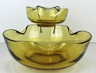 Anchor Hocking Vintage Mid Century Amber Gold Chip & Dip Crimped Glass Bowls Set