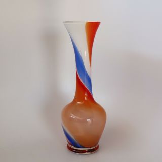 Vintage Japan Glass Vase Orange Blue White Swirl Hand Blown 8” Enesco Or Kamei