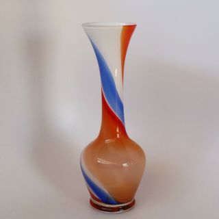 Vintage Japan Glass Vase Orange Blue White Swirl Hand Blown 8” Enesco or Kamei 2
