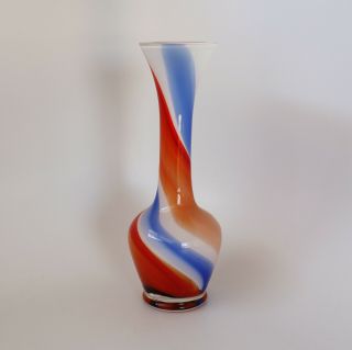 Vintage Japan Glass Vase Orange Blue White Swirl Hand Blown 8” Enesco or Kamei 3