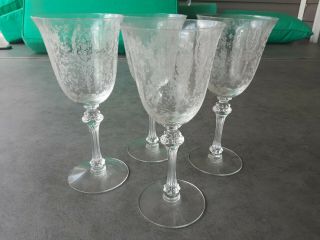 4 Needle Point Etched Crystal Wine Goblets.  7 3/4 In.  Tall