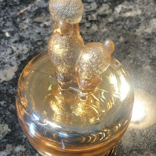 Vintage Jeannette Marigold Carnival Glass Iridescent Poodle Dog Powder Jar Rare