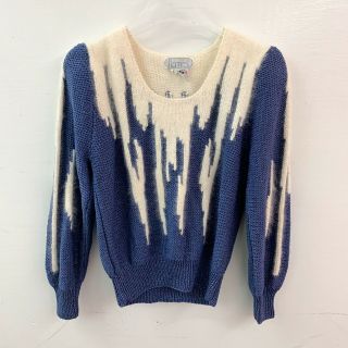 Vintage Nannell Blue Ivory Hand Knit Angora Sweater Size L Large