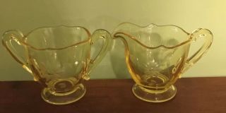 Vintage Yellow Depression Glass Sugar And Creamer With Etched Flowers