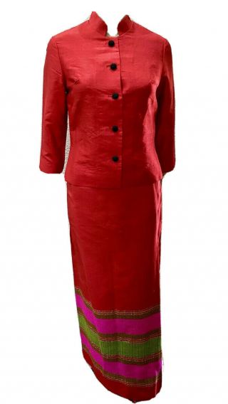Vtg Star Of Siam Handwoven Red Silk Shantung 2 Pc Goddess Maxi Skirt & Top Sz 6