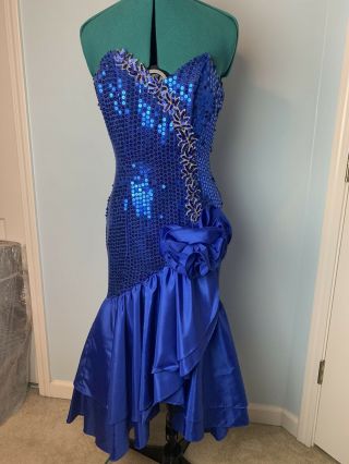 Vtg 80s Blue Fitted Beaded Sequin Prom Dress Strapless W/taffeta Rose & Applique