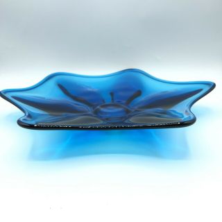 Vintage Mid Century Modern Art Glass Stretch Teal Blue 13 " Shallow Console Bowl