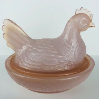 Vintage Pink Glass Hen On Nest Chicken Candy Trinket Dish Bowl Mini 4”