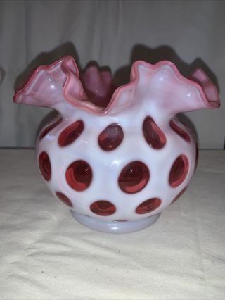 Fenton Glass Vase Cranberry Pink White Ruffled Coin Polka Dot Round Base 5”
