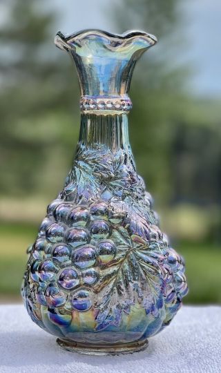 Vntg Imperial Light Blue Carnival Glass Grapes & Leaves Bottle Vase Or Decanter