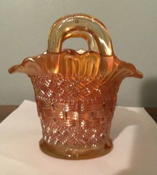 Vintage Dugan Diamond Carnival Glass Basket With Handles - Marigold Weave Design