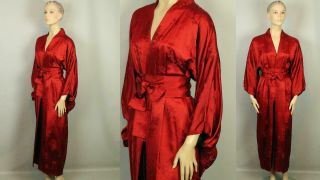 Vtg Red Brocade Oriental Japanese Robe Opera Dress Coat Duster Kimono Belted