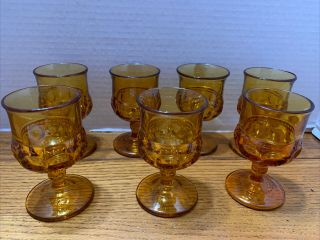 7 Vintage Indiana Glass Kings Crown Wine Goblets Glasses Amber 4 3/8” Exc Cond