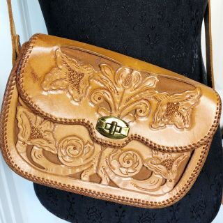 Vintage Hand Tooled Stitched Tan Leather Bag Purse Handbag Southwest Style