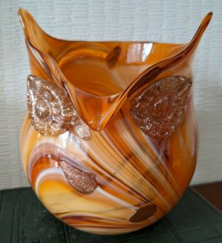 Vintage Handblown Art Glass Owl Vase Planter Orange Brown And Bronze Aventurine