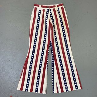 Vintage 70s Bell Bottom Pants 26 X 28 Stars Stripe Patter Usa Hippy Flare 60s