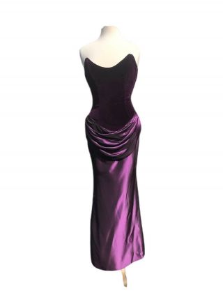 Vintage Purple Velvet Satin Bustier Strapless Evening Wedding Formal Gown Size 4