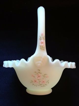 Vtg Fenton Pink Blossoms On Custard Satin Glass,  Hand Painted And Signed