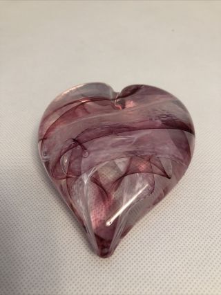 Studio Art Glass Hand Crafted Pink Puff Swirl Heart Shaped Paperweight 4”