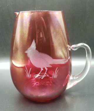 Vintage Ruby Flash 6 " Glass Pitcher Etched Cardinal Bird & Clear Applied Handle