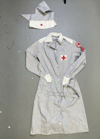 Vintage Wwii Red Cross Volunteer Nurse Uniform Dress & Hat Korean War 40s 50s