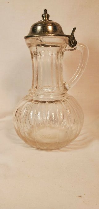 Antique Glass Syrup Pitcher With Pewter Lid