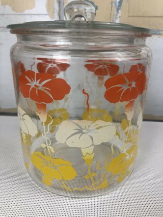 Vintage Clear Glass Round Canister Jar W/ Lid Orange White Yellow Flowers