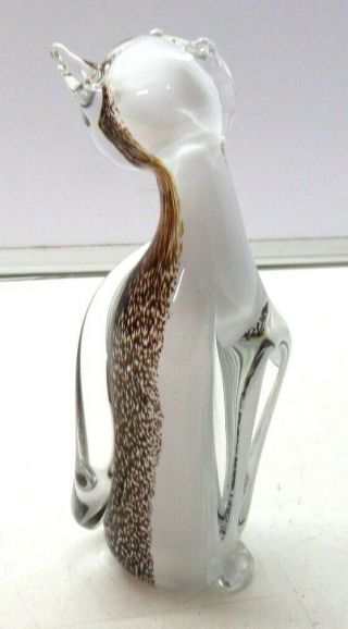 Hand Blown Murano Brown & White Art Glass Cat Paperweight Ornament 6.  5 "