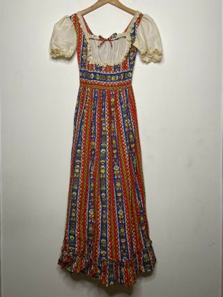 Vintage 70s Cottagecore Peasant Midi Dress Boho Floral Smocked Xs Cotton