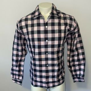 Vtg 50s 60s Mens Large Shirt Loop Collar Mid Century Pink Plaid Rockabilly L/s