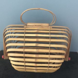 Vintage Japanese Bamboo Slat Cage Basket Folding Collapsible Purse Bag